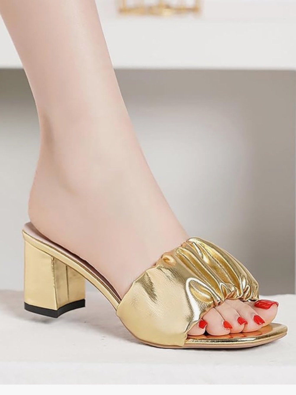 Gold Ruched Block Heel Slide Sandals - mules Women 38-7